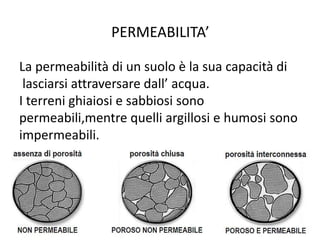 PERMEABILITA’
La permeabilità di un suolo è la sua capacità di
lasciarsi attraversare dall’ acqua.
I terreni ghiaiosi e sabbiosi sono
permeabili,mentre quelli argillosi e humosi sono
impermeabili.
 