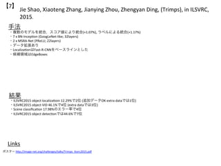 Jie	Shao,	Xiaoteng	Zhang,	Jianying	Zhou,	Zhengyan	Ding,	(Trimps),	in	ILSVRC,	
2015.	
【7】	
手法	
Links	
ポスター	hLp://image-net.org/challenges/talks/Trimps_ilsvrc2015.pdf	
結果	
・複数のモデルを統合，スコア値により統合(+1.07%),	ラベルによる統合(+1.17%)	
・7	x	BN-IncepSon	(GoogLeNet-like;	32layers)	
・2	x	MSRA-Net	(PReLU;	22layers)	
・データ拡張あり	
・LocalizaSonはFast-R-CNNをベースラインとした	
・候補領域はEdgeBoxes	
・ILSVRC2015	object	localizaSoin	12.29%で2位	(追加データOK-extra	dataでは1位)	
・ILSVRC2015	object	VID	46.1%で4位	(extra	dataでは3位)	
・Scene	classiﬁcaSon	17.98%のエラー率で4位	
・ILSVRC2015	object	detecSonでは44.6%で7位	
 