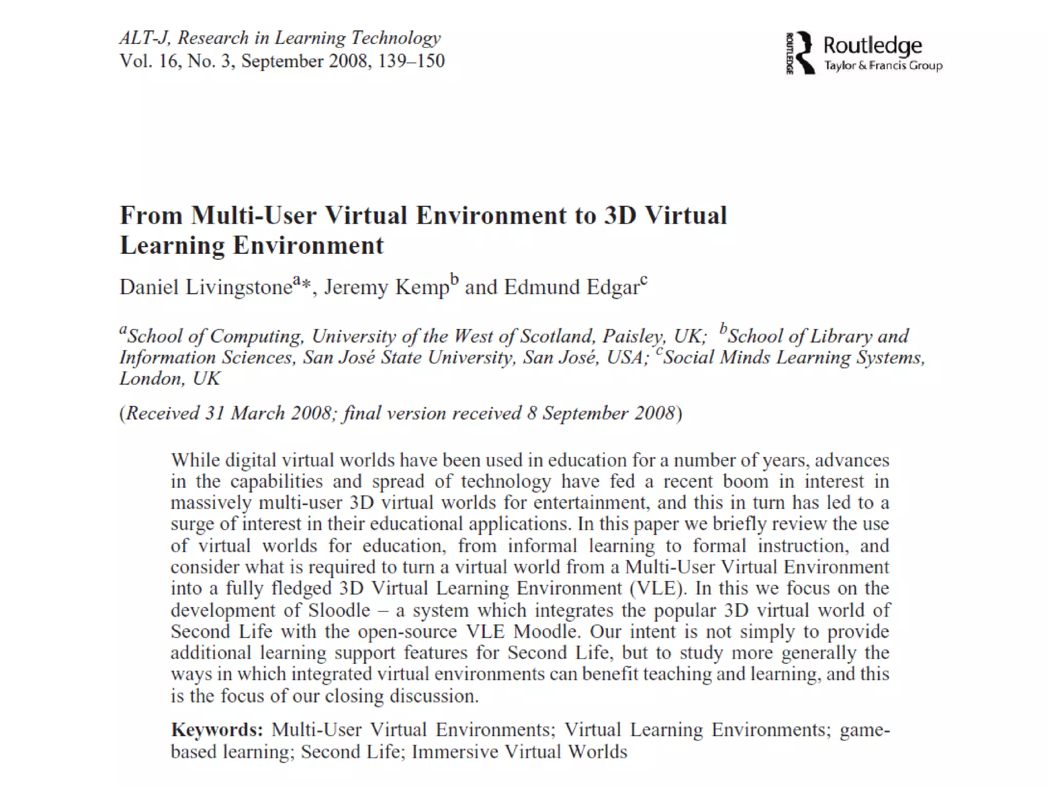 Into The 3rd Dimension with SLOODLE