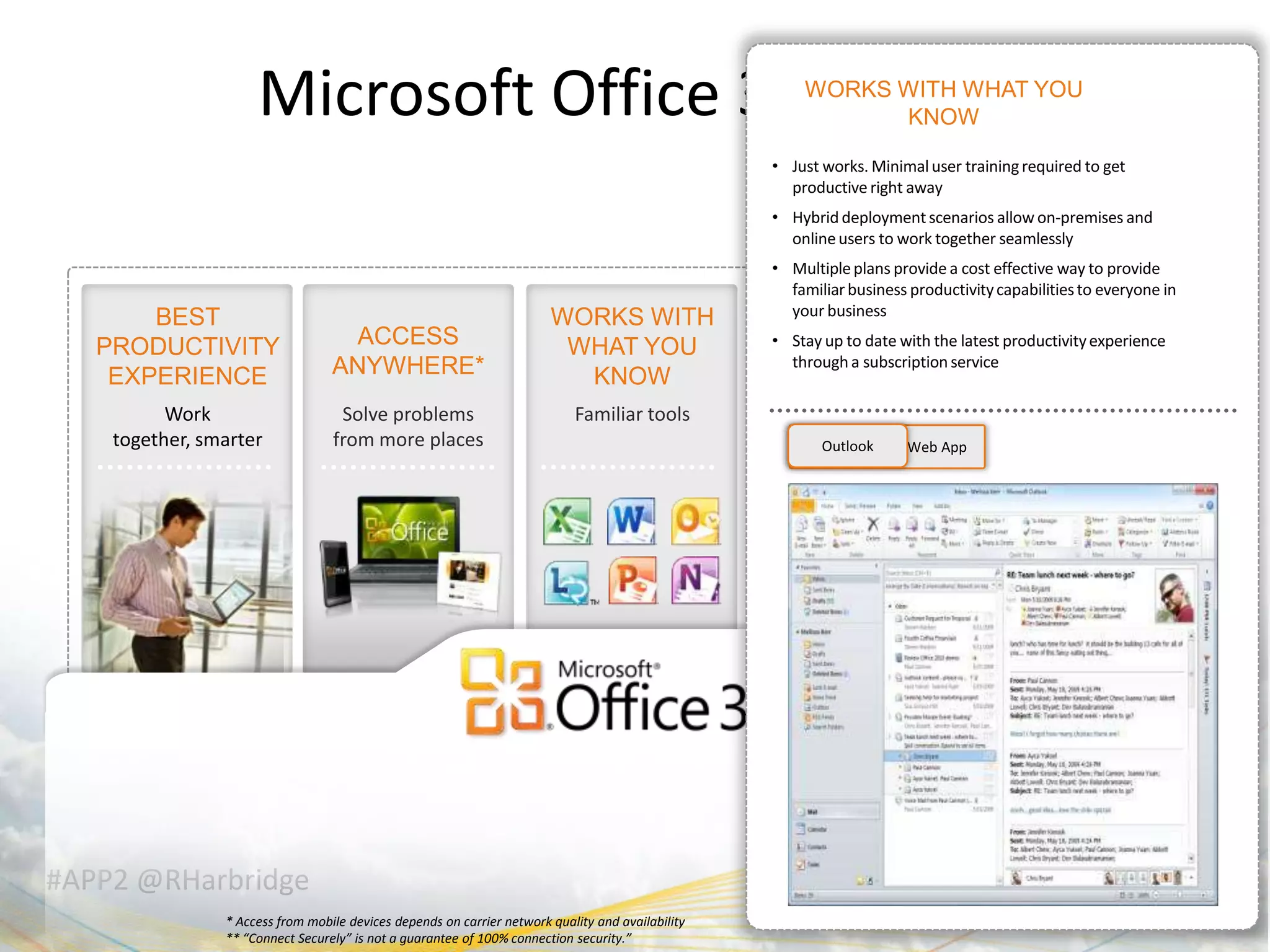 Microsoft Office 365 Value




#APP2 @RHarbridge
           * Access from mobile devices depends on carrier network quality and availability
           ** “Connect Securely” is not a guarantee of 100% connection security.”
 