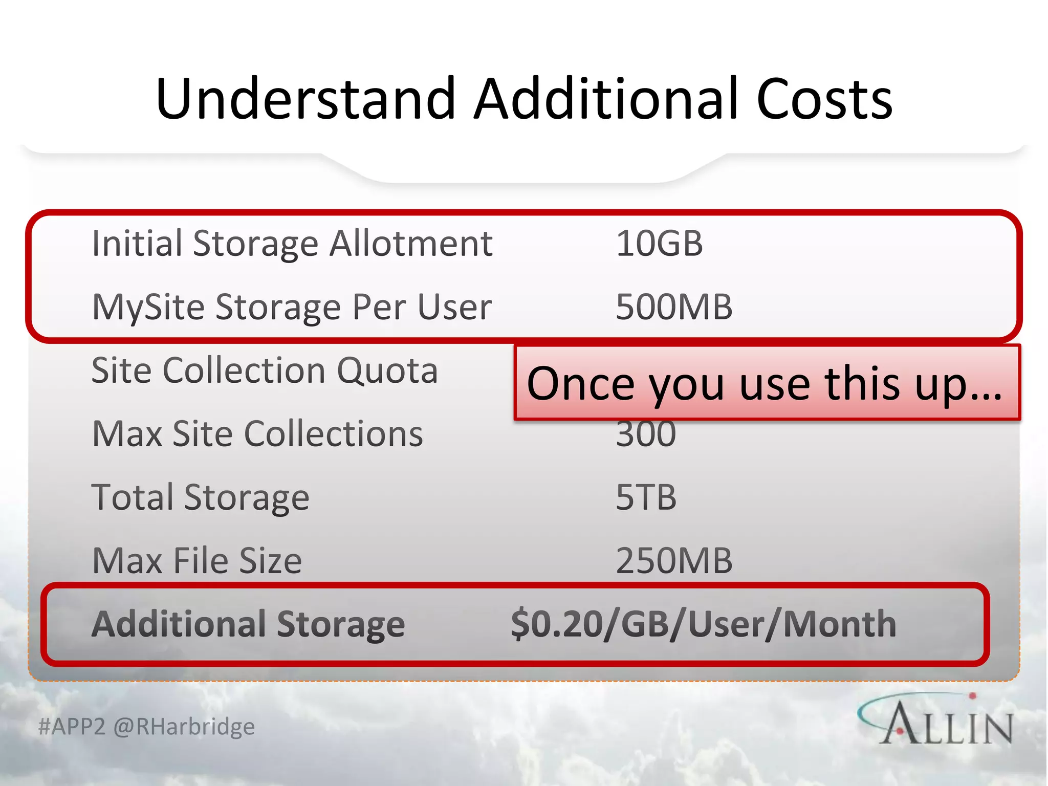 Understand Additional Costs



                      Once you use this up…




#APP2 @RHarbridge
 