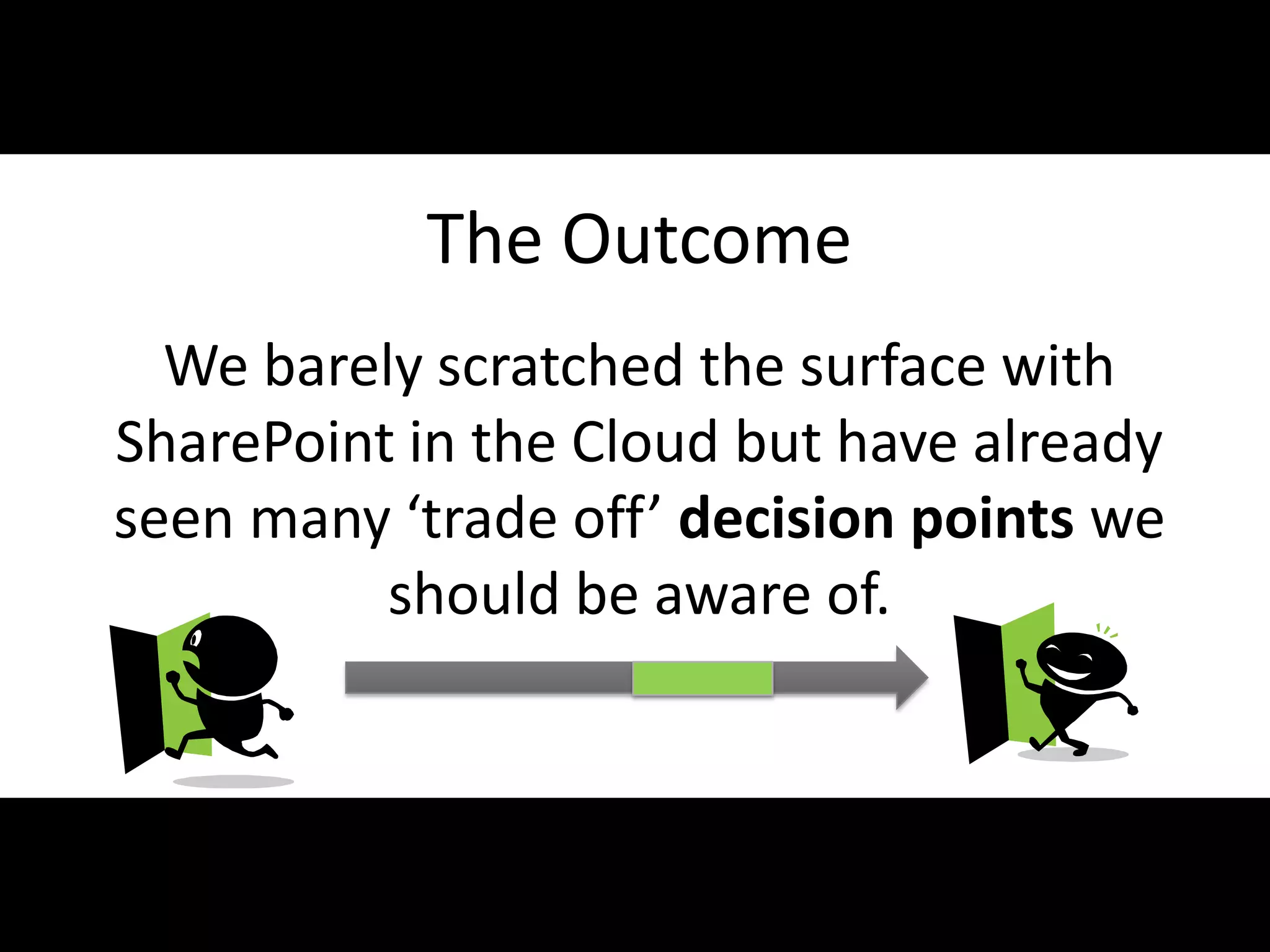 The Outcome
      We barely scratched the surface with
    SharePoint in the Cloud but have already
    seen many ‘trade off’ decision points we
              should be aware of.



#APP2 @RHarbridge
 