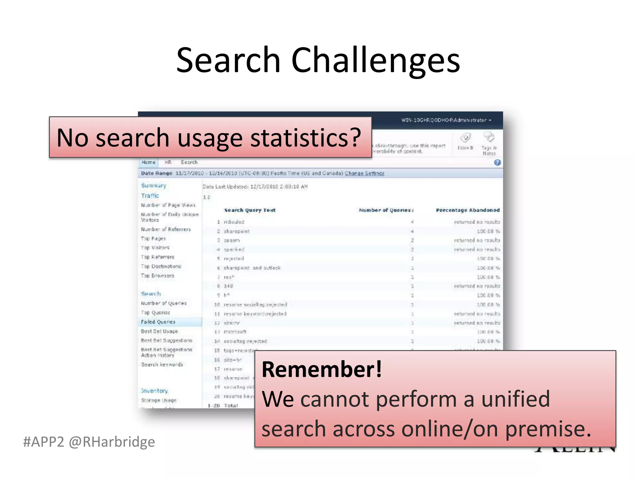 Search Challenges
    No search usage statistics?




                         Remember!
                         We
#APP2 @RHarbridge
                                        .
 