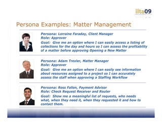 Persona Examples: Matter Management
       Persona: Lorraine Faraday, Client Manager
       Role: Approver
       Goal: Give me an option where I can easily access a listing of
       collections for the day and hours so I can assess the profitability
       of a matter before approving Opening a New Matter


       Persona: Adam Trexler, Matter Manager
       Role: Approver
       Goal: Give me an option where I can easily see information
       about resources assigned to a project so I can accurately
       assess the staff when approving a Staffing Workflow


       Persona: Ross Fallon, Payment Advisor
       Role: Check Request Receiver and Router
       Goal: Show me a meaningful list of requests, who needs
       what, when they need it, when they requested it and how to
       contact them.
 