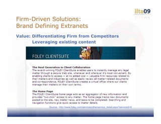 Firm-Driven Solutions:
Brand Defining Extranets
Value: Differentiating Firm from Competitors
       Leveraging existing content




              Source: http://www.foley.com/services/otherservice_detail.aspx?serviceid=8
 