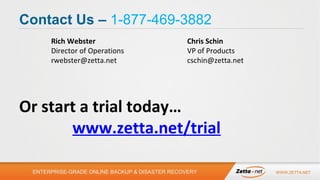 Contact Us – 1-877-469-3882
Rich Webster
Director of Operations
rwebster@zetta.net

Chris Schin
VP of Products
cschin@zetta.net

Or start a trial today…
www.zetta.net/trial
ENTERPRISE-GRADE ONLINE BACKUP & DISASTER RECOVERY

WWW.ZETTA.NET

 