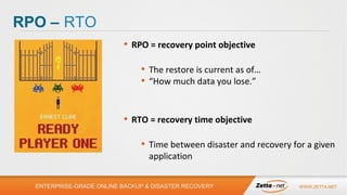 RPO – RTO
•

RPO = recovery point objective

•
•
•

The restore is current as of…
“How much data you lose.”

RTO = recovery time objective

•

Time between disaster and recovery for a given
application

ENTERPRISE-GRADE ONLINE BACKUP & DISASTER RECOVERY

WWW.ZETTA.NET

 