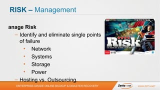 RISK – Management
•

Manage Risk
– Identify and eliminate single points
of failure
• Network
• Systems
• Storage
• Power
– Hosting vs. Outsourcing.
ENTERPRISE-GRADE ONLINE BACKUP & DISASTER RECOVERY

WWW.ZETTA.NET

 