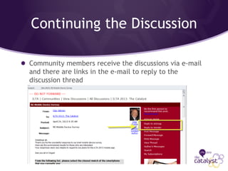 Continuing the Discussion
Community members receive the discussions via e-mail
and there are links in the e-mail to reply to the
discussion thread
 