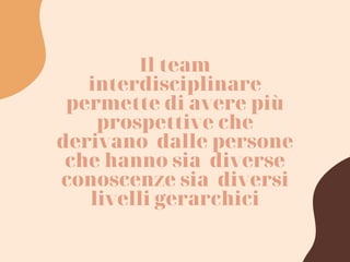 Il team
interdisciplinare
permette di avere più
prospettive che
derivano dalle persone
che hanno sia diverse
conoscenze sia diversi
livelli gerarchici
 