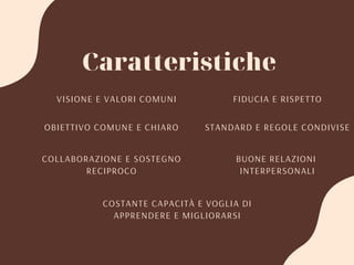 Caratteristiche
VISIONE E VALORI COMUNI FIDUCIA E RISPETTO
STANDARD E REGOLE CONDIVISEOBIETTIVO COMUNE E CHIARO
COLLABORAZIONE E SOSTEGNO
RECIPROCO
BUONE RELAZIONI
INTERPERSONALI
COSTANTE CAPACITÀ E VOGLIA DI
APPRENDERE E MIGLIORARSI
 