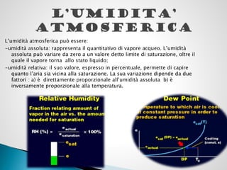 L’umidità atmosferica può essere:
-umidità assoluta: rappresenta il quantitativo di vapore acqueo. L’umidità
assoluta può variare da zero a un valore detto limite di saturazione, oltre il
quale il vapore torna allo stato liquido;
-umidità relativa: il suo valore, espresso in percentuale, permette di capire
quanto l’aria sia vicina alla saturazione. La sua variazione dipende da due
fattori : a) è direttamente proporzionale all’umidità assoluta b) è
inversamente proporzionale alla temperatura.

 
