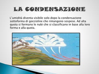 L’umidità diventa visibile solo dopo la condensazione
sottoforma di goccioline che rimangono sospese. Ad alta
quota si formano le nubi che si classificano in base alla loro
forma e alla quota.

 