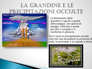 La formazione della
grandine è uguale a quella
della pioggia; una goccia di
pioggia, sollevata a quote
più alte si congela e si
trasforma in ghiaccio.

Poi ci sono le precipitazioni occulte,
cioè che non prevedono la presenza di
nubi; la principale è la rugiada o brina.

 