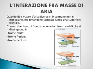 Quando due masse d’aria diverse si incontrano non si
mescolano, ma rimangono separate lungo una superficie
frontale.
Ci sono due fronti: i fronti stazionari e i fronti mobili che si
distinguono in:
-fronte caldo;
-fronte freddo;
-fronte occluso.

 