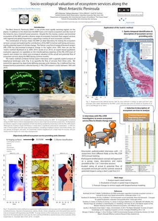 −90
−80
−70
−60
−50
−1000100200
long
lat
Socio-ecological valuation of ecosystem services along the
West Antarctic Peninsula
Jeff S. Bowman1
, Barbara Neumann2
, Anton Mikoleit3
, Hugh W. Ducklow1
1
Lamont-Doherty Earth Observatory, Columbia University, New York, USA
2
Department of Geography, Kiel University and Cluster of Excellence“The Future Ocean”
3
School of Sustainability, Kiel University, Kiel, Germany
bowmanjs@ldeo.columbia.edu, neumann@geographie.uni-kiel.de
Introduction
The West Antarctic Peninsula (WAP) is one of the most rapidly warming regions on the
planet. In addition to this distinction the WAP hosts a rich marine ecosystem and, like most of
the Antarctic, has a minimal human presence. Despite this the marine, coastal, and terrestrial
ecosystems of the WAP provide a diverse range of ecosystem functions that support services
with regional and global importance, facilitating a variety of socio-economic activities.
This combination of factors makes the WAP an ideal laboratory for testing the ecosystem
services concept and exploring the contributions of the WAP to human well-being and assess-
ing the potential impact of climate change. The Palmer LongTerm Ecological Research project
(PAL-LTER) has documented ecological change in the region since 1993. Here we use the
‘matrix’ method (Burkhard et al. 2009, 2014; Jacobs et al. 2015), an expert-based qualitative
evaluation approach, to capatalize on the interdisciplinary expertise of the PAL-LTER team of
experts and conduct an initial socio-ecological valuation of the actual and potential flow of
ecosystem services along the WAP during summer months.
The matrix method combines formal expert interviews with a spatially explicit analysis of
biophysical landscape units (Fig. 3) to quantify the flow of services from these units. We
extend this approach by objectively defining seascape units (biomes, Fig. 2) from key biogeo-
chemical parameters collected during 21 PAL-LTER research cruises between 1993 and 2014.
Fig. 1. Trophic structure and ecosystem service provisioning along the WAP. A) Oceanographic conditions
along the WAP lead to intense phytoplankton blooms and a high rate of primary production. B) Phytoplank-
ton blooms support a large population of krill, here being sampled by researchers with the PAL-LTER project.
Although the Southern Ocean krill fishery is small, there is significant potential for exploitation. C) Krill pro-
vide a critical trophic link with large marine predators, including humpback (shown) and minke whales, vari-
ous species of penguin, and seals. D) Charismatic marine megafauna are a major draw for tourists, who pri-
marily visit the region on cruise ships (background).
A B
C D
Objectively defined ecosystem service providing units (biomes)
ESOM
Chlorophyll
●●●●●●●●●●●●●●●●●●●●●●●●●●●●●●
●●●●●●●●●●●●●●●●●●●●●●●●●●●●●●
●●●●●●●●●●●●●●●●●●●●●●●●●●●●●●
●●●●●●●●●●●●●●●●●●●●●●●●●●●●●●
●●●●●●●●●●●●●●●●●●●●●●●●●●●●●●
●●●●●●●●●●●●●●●●●●●●●●●●●●●●●●
●●●●●●●●●●●●●●●●●●●●●●●●●●●●●●
●●●●●●●●●●●●●●●●●●●●●●●●●●●●●●
●●●●●●●●●●●●●●●●●●●●●●●●●●●●●●
●●●●●●●●●●●●●●●●●●●●●●●●●●●●●●
●●●●●●●●●●●●●●●●●●●●●●●●●●●●●●
●●●●●●●●●●●●●●●●●●●●●●●●●●●●●●
●●●●●●●●●●●●●●●●●●●●●●●●●●●●●●
●●●●●●●●●●●●●●●●●●●●●●●●●●●●●●
●●●●●●●●●●●●●●●●●●●●●●●●●●●●●●
●●●●●●●●●●●●●●●●●●●●●●●●●●●●●●
●●●●●●●●●●●●●●●●●●●●●●●●●●●●●●
●●●●●●●●●●●●●●●●●●●●●●●●●●●●●●
●●●●●●●●●●●●●●●●●●●●●●●●●●●●●●
●●●●●●●●●●●●●●●●●●●●●●●●●●●●●●
●●●●●●●●●●●●●●●●●●●●●●●●●●●●●●
●●●●●●●●●●●●●●●●●●●●●●●●●●●●●●
●●●●●●●●●●●●●●●●●●●●●●●●●●●●●●
●●●●●●●●●●●●●●●●●●●●●●●●●●●●●●
●●●●●●●●●●●●●●●●●●●●●●●●●●●●●●
●●●●●●●●●●●●●●●●●●●●●●●●●●●●●●
●●●●●●●●●●●●●●●●●●●●●●●●●●●●●●
●●●●●●●●●●●●●●●●●●●●●●●●●●●●●●
●●●●●●●●●●●●●●●●●●●●●●●●●●●●●●
●●●●●●●●●●●●●●●●●●●●●●●●●●●●●●
10
20
30
40
Nitrate + Nitrite
●●●●●●●●●●●●●●●●●●●●●●●●●●●●●●
●●●●●●●●●●●●●●●●●●●●●●●●●●●●●●
●●●●●●●●●●●●●●●●●●●●●●●●●●●●●●
●●●●●●●●●●●●●●●●●●●●●●●●●●●●●●
●●●●●●●●●●●●●●●●●●●●●●●●●●●●●●
●●●●●●●●●●●●●●●●●●●●●●●●●●●●●●
●●●●●●●●●●●●●●●●●●●●●●●●●●●●●●
●●●●●●●●●●●●●●●●●●●●●●●●●●●●●●
●●●●●●●●●●●●●●●●●●●●●●●●●●●●●●
●●●●●●●●●●●●●●●●●●●●●●●●●●●●●●
●●●●●●●●●●●●●●●●●●●●●●●●●●●●●●
●●●●●●●●●●●●●●●●●●●●●●●●●●●●●●
●●●●●●●●●●●●●●●●●●●●●●●●●●●●●●
●●●●●●●●●●●●●●●●●●●●●●●●●●●●●●
●●●●●●●●●●●●●●●●●●●●●●●●●●●●●●
●●●●●●●●●●●●●●●●●●●●●●●●●●●●●●
●●●●●●●●●●●●●●●●●●●●●●●●●●●●●●
●●●●●●●●●●●●●●●●●●●●●●●●●●●●●●
●●●●●●●●●●●●●●●●●●●●●●●●●●●●●●
●●●●●●●●●●●●●●●●●●●●●●●●●●●●●●
●●●●●●●●●●●●●●●●●●●●●●●●●●●●●●
●●●●●●●●●●●●●●●●●●●●●●●●●●●●●●
●●●●●●●●●●●●●●●●●●●●●●●●●●●●●●
●●●●●●●●●●●●●●●●●●●●●●●●●●●●●●
●●●●●●●●●●●●●●●●●●●●●●●●●●●●●●
●●●●●●●●●●●●●●●●●●●●●●●●●●●●●●
●●●●●●●●●●●●●●●●●●●●●●●●●●●●●●
●●●●●●●●●●●●●●●●●●●●●●●●●●●●●●
●●●●●●●●●●●●●●●●●●●●●●●●●●●●●●
●●●●●●●●●●●●●●●●●●●●●●●●●●●●●●
10
20
30
40
Salinity
●●●●●●●●●●●●●●●●●●●●●●●●●●●●●●
●●●●●●●●●●●●●●●●●●●●●●●●●●●●●●
●●●●●●●●●●●●●●●●●●●●●●●●●●●●●●
●●●●●●●●●●●●●●●●●●●●●●●●●●●●●●
●●●●●●●●●●●●●●●●●●●●●●●●●●●●●●
●●●●●●●●●●●●●●●●●●●●●●●●●●●●●●
●●●●●●●●●●●●●●●●●●●●●●●●●●●●●●
●●●●●●●●●●●●●●●●●●●●●●●●●●●●●●
●●●●●●●●●●●●●●●●●●●●●●●●●●●●●●
●●●●●●●●●●●●●●●●●●●●●●●●●●●●●●
●●●●●●●●●●●●●●●●●●●●●●●●●●●●●●
●●●●●●●●●●●●●●●●●●●●●●●●●●●●●●
●●●●●●●●●●●●●●●●●●●●●●●●●●●●●●
●●●●●●●●●●●●●●●●●●●●●●●●●●●●●●
●●●●●●●●●●●●●●●●●●●●●●●●●●●●●●
●●●●●●●●●●●●●●●●●●●●●●●●●●●●●●
●●●●●●●●●●●●●●●●●●●●●●●●●●●●●●
●●●●●●●●●●●●●●●●●●●●●●●●●●●●●●
●●●●●●●●●●●●●●●●●●●●●●●●●●●●●●
●●●●●●●●●●●●●●●●●●●●●●●●●●●●●●
●●●●●●●●●●●●●●●●●●●●●●●●●●●●●●
●●●●●●●●●●●●●●●●●●●●●●●●●●●●●●
●●●●●●●●●●●●●●●●●●●●●●●●●●●●●●
●●●●●●●●●●●●●●●●●●●●●●●●●●●●●●
●●●●●●●●●●●●●●●●●●●●●●●●●●●●●●
●●●●●●●●●●●●●●●●●●●●●●●●●●●●●●
●●●●●●●●●●●●●●●●●●●●●●●●●●●●●●
●●●●●●●●●●●●●●●●●●●●●●●●●●●●●●
●●●●●●●●●●●●●●●●●●●●●●●●●●●●●●
●●●●●●●●●●●●●●●●●●●●●●●●●●●●●●
32.5
33
33.5
34
34.5
Biome locations in ESOM
●●●●●●●●●●●●●●●●●●●●●●●●●●●●●●
●●●●●●●●●●●●●●●●●●●●●●●●●●●●●●
●●●●●●●●●●●●●●●●●●●●●●●●●●●●●●
●●●●●●●●●●●●●●●●●●●●●●●●●●●●●●
●●●●●●●●●●●●●●●●●●●●●●●●●●●●●●
●●●●●●●●●●●●●●●●●●●●●●●●●●●●●●
●●●●●●●●●●●●●●●●●●●●●●●●●●●●●●
●●●●●●●●●●●●●●●●●●●●●●●●●●●●●●
●●●●●●●●●●●●●●●●●●●●●●●●●●●●●●
●●●●●●●●●●●●●●●●●●●●●●●●●●●●●●
●●●●●●●●●●●●●●●●●●●●●●●●●●●●●●
●●●●●●●●●●●●●●●●●●●●●●●●●●●●●●
●●●●●●●●●●●●●●●●●●●●●●●●●●●●●●
●●●●●●●●●●●●●●●●●●●●●●●●●●●●●●
●●●●●●●●●●●●●●●●●●●●●●●●●●●●●●
●●●●●●●●●●●●●●●●●●●●●●●●●●●●●●
●●●●●●●●●●●●●●●●●●●●●●●●●●●●●●
●●●●●●●●●●●●●●●●●●●●●●●●●●●●●●
●●●●●●●●●●●●●●●●●●●●●●●●●●●●●●
●●●●●●●●●●●●●●●●●●●●●●●●●●●●●●
●●●●●●●●●●●●●●●●●●●●●●●●●●●●●●
●●●●●●●●●●●●●●●●●●●●●●●●●●●●●●
●●●●●●●●●●●●●●●●●●●●●●●●●●●●●●
●●●●●●●●●●●●●●●●●●●●●●●●●●●●●●
●●●●●●●●●●●●●●●●●●●●●●●●●●●●●●
●●●●●●●●●●●●●●●●●●●●●●●●●●●●●●
●●●●●●●●●●●●●●●●●●●●●●●●●●●●●●
●●●●●●●●●●●●●●●●●●●●●●●●●●●●●●
●●●●●●●●●●●●●●●●●●●●●●●●●●●●●●
●●●●●●●●●●●●●●●●●●●●●●●●●●●●●●
1
2
3
4
5
6
7
8
12345678
Station
Line
LMG14−01 1 m
250 200 150 100 50 0
−1000100200300400500600700800
+++
+ + +
+++
+ + +
+ ++ +
+ + +
0246810121416182022
Station
Line
LMG14−01_1_Chl
250 200 150 100 50 0
−1000100200300400500600700800
+++
+ + +
+++
+ + +
+ ++ +
+ + +
A) Kriging surfaces
-Chlorophyll (shown)
-Nitrate
-Silicate
-Phosphate
-Temperature
-Salinity
C) Biome classification
!
!
!
!
!
!
!
!
!
!
!
!
!
!
!
!
!
!
!
!
!
!
!
!
!
!
!
!
!
!
!
!
!
!
!
!
!
!
!
!
!
!
!
!
!
!
!
!
!
!
!
!
!
!
!
!
!
!
!
!
!
!
!
!
!
!
!
!
!
!
!
!
!
!
!
!
!
!
!
!
!
!
!
!
!
!
!
!
!
!
!
!
!
!
!
!
!
!
!
!
!
!
!
!
!
!
!
!
!
!
!
!
!
!
!
!
!
!
!
!
000
100
200
300
400
500
600
700
800
900
40°0'0"W50°0'0"W
80°0'0"W
60°0'0"S
70°0'0"S
Legend
Palmer LTER basic regional survey grid
! Grid station and grid line number
Sea ice extent (April 2016)
Boundary of April sea ice extend
Bathymetry (NOAA Etopo1 bedrock)
Open ocean (below -3000 m)
Shelf break (-3000 m to -750 m
Shelf, deep (-750 m to -500 m)
Shelf, shallow (-500 m to -60 m)
Nearshore (-60 m to 0m)
Land cover (based on Morgan et al. 2007)
Ice shelves
Glacier (ice sheets)
Ice-free bedrock
Date Saved: 22.09.2016 09:42:15 Document Name: GISdata_Antarctica_20160919
0 100 20050
Kilometers
Antarctic Peninsula
Bellinghausen
Sea
South
Shetland
Islands
Southern
Ocean
Weddel
Sea
Anvers I.
Adelaide I.
Larsen 'C'
Ice Shelf
Alexander I.
Antarctic Peninsula - Environmental domains
1. Spatio-temporal identification & description
of ecosystem service providing units
Fig. 3. Biogeochemically defined biomes (left, for area outlined in orange at right) and land- and
seascape units (right) identified for the WAP. Land- and seascape units are based on Ducklow et al.
(2012) and Morgan et al. (2007).
2. Selection & description of
ecosystem services to analyze
• Provisioning services
• Regulating services
• Cultural services
3. Interviews with PAL-LTER
investigators to assess ecosystem
service flow & climate change impacts
•Structured, audiorecorded interviews with ~15 researchers
from different fields at the PAL-LTER 2016 annual meeting
•Participants briefed about concept and approach as a group;
maps, descriptions and matrix provided at the 1 on 1
interview sessions
•Guided rating of actual & potential flow of ecosystem services
per unit for summer season & potential impacts using a Likert
scale from 0-5
References
Burkhard, B, Kroll, F, Müller, F & Windhorst, W 2009 Landscapes’capacities to provide ecosystem services–a
concept for land-cover based assessments. Landscape online 15 22.
Burkhard, B, Kandziora, M, Hou, Y & Müller, F 2014 Ecosystem service potentials, flows and demands – Concepts
for spatial localisation, indication and quantification. Landscape online.
Ducklow, H, Clarke, A, Dickhut, R, Doney, S C, Geisz, H, Huang, K, Martinson, D G, Meredith, M P, Moeller, H V,
Montes-Hugo, M, Schofield, O, Stammerjohn, S E, Steinberg, D & Fraser, W 2012 The Marine System of the
Western Antarctic Peninsula. Antarctic Ecosystems. John Wiley & Sons, Ltd.
Jacobs, S, Burkhard, B, Van Daele, T, Staes, J & Schneiders, A 2015‘The Matrix Reloaded’: A review of expert
knowledge use for mapping ecosystem services. Ecological Modelling 295 21-30.
Morgan, F, Barker, G, Briggs, C, Price, R & Keys, H 2007 Environmental Domains of Antarctica Version 2.0. Final
Report, Manaaki Whenua Landcare Research New Zealand Ltd.
1. Analyze and cross-validate expert-rated matrices
2. Visulization of results in spatial maps & diagrams
3. Forecast changes to service supply with biogeochemical modeling
2468101214161820
Station
Line
Biome.6 5m
200 150 100 50 0
200300400500600
Fig. 2. To extend the matrix method we augmented traditional land- and seascape units with biogeochemical-
ly defined biomes. Records of temperature, salinity, silicate, nitrate, phosphate, and chlorophyll were used to
train an emergent self organizing map (ESOM). To assign biomes to the study area we constructed kriging sur-
faces from the training data for each year (A), then used the ESOM (B) to classify biomes at the resolution of the
kriged data (C). Example data are from 2014, 1 m depth.
B) ESOM
Download as pdf
Application of the‘matrix’method
Next Steps
2016 ILTER meeting
Kruger National Park, South Africe
 