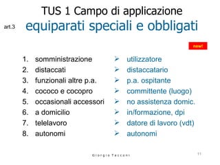 TUS 1 Campo di applicazione equiparati speciali e obbligati somministrazione distaccati funzionali altre p.a. cococo e cocopro occasionali accessori a domicilio telelavoro autonomi utilizzatore distaccatario p.a. ospitante committente (luogo) no assistenza domic. in/formazione, dpi datore di lavoro (vdt) autonomi G i o r g i o  T a c c o n i new! art.3 