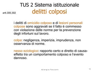 TUS 2 Sistema istituzionale delitti colposi i delitti di  omicidio colposo  e di  lesioni personali colpose  sono aggravati se il fatto è commesso con violazione delle norme per la prevenzione degli infortuni sul lavoro.   G i o r g i o  T a c c o n i colpa : negligenza, imperizia, imprudenza, non osservanza di norme.   nesso eziologico : rapporto certo e diretto di causa-effetto tra un comportamento colposo e l’evento dannoso.   artt.300,302 