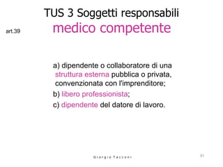 TUS 3 Soggetti responsabili   medico competente   a) dipendente o collaboratore di una  struttura esterna  pubblica o privata, convenzionata con l'imprenditore; b)  libero professionista ;  c)  dipendente  del datore di lavoro.  G i o r g i o  T a c c o n i art.39 