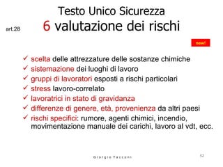 Testo Unico Sicurezza 6  valutazione dei rischi scelta  delle attrezzature delle sostanze chimiche  sistemazione  dei luoghi di lavoro  gruppi di lavoratori  esposti a rischi particolari  stress  lavoro-correlato lavoratrici in stato di gravidanza  differenze di genere, età, provenienza  da altri paesi rischi specifici : rumore, agenti chimici, incendio, movimentazione manuale dei carichi, lavoro al vdt, ecc. G i o r g i o  T a c c o n i new! art.28 