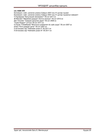 “ИРЭЭДҮЙ” цогцолбор сургууль
Зураг зүй, технологийн багш Б. Мөнгөнцэцэг Хуудас 20
2.6. НОМ ЗҮЙ
Боловсрол, соѐл, шинжлэх ухааны Сайдын 2007 оны 41 дүгээр тушаал
Боловсрол, соѐл, шинжлэх ухааны Сайдын 2007 оны 41 дүгээр тушаалын хавсралт
Ч.Пүрэвдорж “Багшлахуйн менежмент” УБ хот 2011 он
Ж.Максвел “Өөрийгөө удирдагч болгон хөгжүүл” УБ хот 2010 он
Дин Уильямс “Удирдан дагуулах увдис” УБ хот 2008 он
“Ухаан бодрол” сэтгүүл УБ хот 2011 он
О.Пүрэв, Х.Бямбажав “Монголын уламжлалт ѐс зүйн үндэс” УБ хот 2007 он
И.Боз “Анги удирдах урлаг” УБ хот 2007 он
Л.Алтанзаяа нар “Нийгмийн ухаан II” УБ 2011 он
Л.Алтанзаяа нар “Нийгмийн ухаан III” УБ 2011 он
 