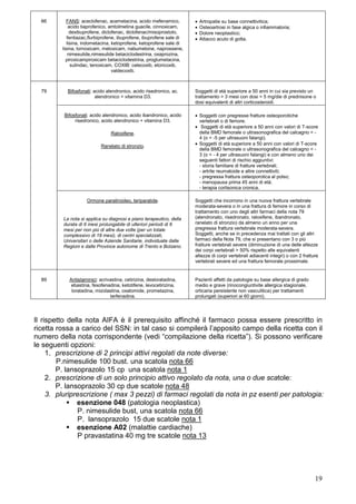 66        FANS: aceclofenac, acemetacina, acido mefenamico,         •   Artropatie su base connettivitica;
             acido tiaprofenico, amtolmetina guacile, cinnoxicam,     •   Osteoartrosi in fase algica o infiammatoria;
              dexibuprofene, diclofenac, diclofenac/misoprostolo,     •   Dolore neoplastico;
            fentiazac,flurbiprofene, ibuprofene, ibuprofene sale di   •   Attacco acuto di gotta.
            lisina, indometacina, ketoprofene, ketoprofene sale di
         lisina, lornoxicam, meloxicam, nabumetone, naprossene,
             nimesulide,nimesulide betaciclodestrina, oxaprozina,
           piroxicampiroxicam betaciclodestrina, proglumetacina,
              sulindac, tenoxicam, COXIB: celecoxib, etoricoxib,
                                  valdecoxib.



  79       Bifosfonati: acido alendronico, acido risedronico, ac.     Soggetti di età superiore a 50 anni in cui sia previsto un
                         alendronico + vitamina D3.                   trattamento > 3 mesi con dosi > 5 mg/die di prednisone o
                                                                      dosi equivalenti di altri corticosteroidi.

          Bifosfonati: acido alendronico, acido ibandronico, acido    • Soggetti con pregresse fratture osteoporotiche
               risedronico, acido alendronico + vitamina D3.            vertebrali o di femore.
                                                                      • Soggetti di età superiore a 50 anni con valori di T-score
                                Raloxifene.                             della BMD femorale o ultrasonografica del calcagno < -
                                                                        4 (o < -5 per ultrasuoni falangi).
                           Ranelato di stronzio.                      • Soggetti di età superiore a 50 anni con valori di T-score
                                                                        della BMD femorale o ultrasonografica del calcagno < -
                                                                        3 (o < - 4 per ultrasuoni falangi) e con almeno uno dei
                                                                        seguenti fattori di rischio aggiuntivi:
                                                                        - storia familiare di fratture vertebrali;
                                                                        - artrite reumatoide e altre connettiviti;
                                                                        - pregressa frattura osteoporotica al polso;
                                                                        - menopausa prima 45 anni di età;
                                                                        - terapia cortisonica cronica.

                    Ormone paratiroideo, teriparatide.                Soggetti che incorrono in una nuova frattura vertebrale
                                                                      moderata-severa o in una frattura di femore in corso di
                                                                      trattamento con uno degli altri farmaci della nota 79
         La nota si applica su diagnosi e piano terapeutico, della    (alendronato, risedronato, raloxifene, ibandronato,
         durata di 6 mesi prolungabile di ulteriori periodi di 6      ranelato di stronzio) da almeno un anno per una
         mesi per non più di altre due volte (per un totale           pregressa frattura vertebrale moderata-severa.
         complessivo di 18 mesi), di centri specializzati,            Soggetti, anche se in precedenza mai trattati con gli altri
         Universitari o delle Aziende Sanitarie, individuate dalle    farmaci della Nota 79, che si presentano con 3 o più
         Regioni e dalle Province autonome di Trento e Bolzano.       fratture vertebrali severe (diminuzione di una delle altezze
                                                                      dei corpi vertebrali > 50% rispetto alle equivalenti
                                                                      altezze di corpi vertebrali adiacenti integri) o con 2 fratture
                                                                      vertebrali severe ed una frattura femorale prossimale.


  89        Antistaminici: acrivastina, cetirizina, desloratadina,    Pazienti affetti da patologie su base allergica di grado
             ebastina, fexofenadina, ketotifene, levocetirizina,      medio e grave (rinocongiuntivite allergica stagionale,
             loratadina, mizolastina, oxatomide, prometazina,         orticaria persistente non vasculitica) per trattamenti
                                terfenadina.                          prolungati (superiori ai 60 giorni).




Il rispetto della nota AIFA è il prerequisito affinché il farmaco possa essere prescritto in
ricetta rossa a carico del SSN: in tal caso si compilerà l’apposito campo della ricetta con il
numero della nota corrispondente (vedi “compilazione della ricetta”). Si possono verificare
le seguenti opzioni:
     1. prescrizione di 2 principi attivi regolati da note diverse:
        P.nimesulide 100 bust. una scatola nota 66
        P. lansoprazolo 15 cp una scatola nota 1
     2. prescrizione di un solo principio attivo regolato da nota, una o due scatole:
        P. lansoprazolo 30 cp due scatole nota 48
     3. pluriprescrizione ( max 3 pezzi) di farmaci regolati da nota in pz esenti per patologia:
               esenzione 048 (patologia neoplastica)
                P. nimesulide bust, una scatola nota 66
                P. lansoprazolo 15 due scatole nota 1
               esenzione A02 (malattie cardiache)
                P pravastatina 40 mg tre scatole nota 13




                                                                                                                                   19
 