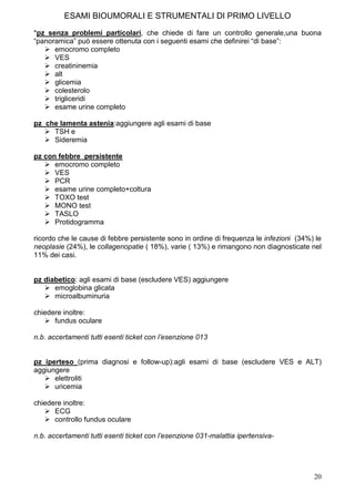 ESAMI BIOUMORALI E STRUMENTALI DI PRIMO LIVELLO
*pz senza problemi particolari, che chiede di fare un controllo generale,una buona
“panoramica” può essere ottenuta con i seguenti esami che definirei “di base”:
      emocromo completo
      VES
      creatininemia
      alt
      glicemia
      colesterolo
      trigliceridi
      esame urine completo

pz che lamenta astenia:aggiungere agli esami di base
     TSH e
     Sideremia

pz con febbre persistente
      emocromo completo
      VES
      PCR
      esame urine completo+coltura
      TOXO test
      MONO test
      TASLO
      Protidogramma

ricordo che le cause di febbre persistente sono in ordine di frequenza le infezioni (34%) le
neoplasie (24%), le collagenopatie ( 18%), varie ( 13%) e rimangono non diagnosticate nel
11% dei casi.


pz diabetico: agli esami di base (escludere VES) aggiungere
      emoglobina glicata
      microalbuminuria

chiedere inoltre:
      fundus oculare

n.b. accertamenti tutti esenti ticket con l’esenzione 013


pz iperteso (prima diagnosi e follow-up):agli esami di base (escludere VES e ALT)
aggiungere
      elettroliti
      uricemia

chiedere inoltre:
      ECG
      controllo fundus oculare

n.b. accertamenti tutti esenti ticket con l’esenzione 031-malattia ipertensiva-




                                                                                         20
 