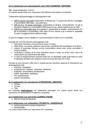 pz in trattamento con anticoagulanti orali (TAO-COUMADIN, SINTROM):

INR range terapeutico 2.0-3.0
nb esame esente ticket con l’esenzione 002-affezioni del sistema circolatorio-

Trattamento dell’iperdosaggio di anticoagulanti orali:

   1. INR<6 senza emorragie:sospendere la terapia per 1-2 giorni poi ridurre il dosaggio
      e ricontrollare l’INR dopo una settimana;
   2. INR tra 6 e 10 senza emorragie: sospendere la terapia, somministrare 1-3 gtt di
      Konakion (fascia A) e ricontrollare l’INR dopo 24 ore, quindi regolarsi per la TAO;
   3. INR<6 con emorragia lieve tipo epistassi: sospendere la terapia, somministrare 3-5
      gtt di Konakion e ricontrollare l’INR dopo 24 ore; istruire il pz a recarsi in ospedale
      in caso di peggioramento dell’emorragia.

In caso di maggior rischio rispetto ai 3 punti precedenti inviare il pz in ospedale.

Consigli per il pz che assume anticoagulanti orali:
      assumere il farmaco un’ora prima di cena o 3 dopo;
      dieta libera, ma senza variazioni improvvise, soprattutto del quantitativo di verdure;
      evitare di assumere farmaci anche d’erboristeria senza aver prima consultato il
      proprio medico;
      consultare il medico se le urine diventano scure o rosse, se le feci sono nere o le
      mestruazioni più abbondanti del solito;
      in caso di sanguinamento premere forte con un fazzoletto pulito sulla ferita (in caso
      di epistassi stringere per qualche minuto la punta del naso tra 2 dita).

Farmaci di uso comune in MG che in scheda tecnica riportano assenza di interazione con
anticoagulanti orali:
   o ansiolitici: lorazepam
   o antiipertensivi: losartan, nebivilolo, felodipina
   o antibiotici: amoxacillina, levofloxacina
   o FANS: ibuprofene, diclofenac
   o PPI: pantoprazolo
   o statine: fluvastatina

pz in trattamento con amiodarone (CORDARONE, AMIODAR):
       T3 free
       T4 free
       TSH
per possibile distiroidismo nei trattamenti prolungati n.b. esami esenti ticket con
esenzione 027-ipotiroidismo congenito e acquisito-

pz in trattamento con sali di litio (CARBOLITHIUM)
       litiemia (range terapeutico)

pz in trattamento con antiepilettici (TEGRETOL, GARDENALE)
       carbamazepinemia (range terapeutico)
       fenobarbitale
n.b. esami esenti ticket con l’esenzione 017- epilessia-




                                                                                          22
 