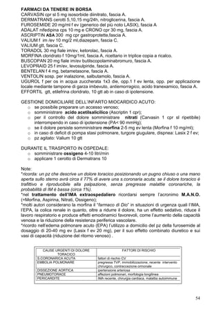FARMACI DA TENERE IN BORSA
CARVASIN cpr sl 5 mg isosorbide diinitrato, fascia A.
DERMATRANS cerotti 5,10,15 mg/24h, nitroglicerina, fascia A.
FUROSEMIDE 20 mg/ml f ev (generico del più noto LASIX), fascia A
ADALAT nifedipina cps 10 mg e CRONO cpr 30 mg, fascia A.
ASCRIPTIN ASA 300 mg cpr gastroprotette,fascia A.
VALIUM f im /ev 10 mg/2 ml,diazepam, fascia C.
VALIUM gtt, fascia C.
TORADOL 30 mg fiale im/ev, ketorolac, fascia A.
MORFINA cloridrato f 10mg/1ml, fascia A, ricettario in triplice copia a ricalco.
BUSCOPAN 20 mg fiale im/ev butilscopolaminabromuro, fascia A.
LEVOPRAID 25 f im/ev, levosulpiride, fascia A.
BENTELAN f 4 mg, betametasone, fascia A.
VENTOLIN sosp. per inalazione, salbutamolo, fascia A.
UGUROL f per os in acqua zuccherata 1x3 die, opp.1 f ev lenta, opp. per applicazione
locale mediante tampone di garza imbevuto, antiemorragico, acido tranexamico, fascia A.
EFFORTIL gtt, etilefrina cloridrato, 10 gtt ab in caso di ipotensione.

GESTIONE DOMICILIARE DELL’INFARTO MIOCARDICO ACUTO:
  o se possibile preparare un accesso venoso;
  o somministrare acido acetilsalicilico (Ascriptin 1 cpr);
  o per il controllo del dolore somministrare nitrati (Carvasin 1 cpr sl ripetibile)
     interrompendo in caso di ipotensione (PA< 90 mmHg);
  o se il dolore persiste somministrare morfina 2-5 mg ev lenta (Morfina f 10 mg/ml);
  o in caso di deficit di pompa stasi polmonare, turgore giugulare, dispnea: Lasix 2 f ev;
  o pz agitato: Valium 10 gtt

DURANTE IL TRASPORTO IN OSPEDALE:
  o somministrare ossigeno 4-10 litri/min
  o applicare 1 cerotto di Dermatrans 10

Note:
*ricorda: un pz che descrive un dolore toracico posizionando un pugno chiuso o una mano
aperta sullo sterno avrà circa il 77% di avere una s.coronaria acuta; se il dolore toracico è
trafittivo e riproducibile alla palpazione, senza pregresse malattie coronariche, la
probabilità di IM è bassa (circa 1%).
*nel trattamento dell’IMA extraospedaliero ricordarsi sempre l’acronimo M.A.N.O.
(=Morfina, Aspirina, Nitrati, Ossigeno);
*molti autori considerano la morfina il “farmaco di Dio” in situazioni di urgenza quali l’IMA,
l’EPA, la colica renale in quanto, oltre a ridurre il dolore, ha un effetto sedativo, riduce il
lavoro respiratorio e produce effetti emodinamici favorevoli, come l’aumento della capacità
venosa e la riduzione della resistenza periferica vascolare.
*ricordo nell’edema polmonare acuto (EPA) l’utilizzo a domicilio del pz della furosemide al
dosaggio di 20-40 mg ev (Lasix f ev 20 mg), per il suo effetto combinato diuretico e sui
vasi di capacità (riduzione del ritorno venoso) .


           CAUSE URGENTI DI DOLORE                     FATTORI DI RISCHIO
                  TORACICO
        S.CORONARICA ACUTA              fattori di rischio CV
        EMBOLIA POLMONARE               pregressa TVP, immobilizzazione, recente intervento
                                        chirurgico, contraccezione ormonale
        DISSEZIONE AORTICA              ipertensione arteriosa
        PNEUMOTORACE                    affezioni polmonari, morfologia longilinea
        PERICARDITE                     IMA recente, chirurgia cardiaca, malattia autoimmune




                                                                                               54
 