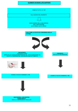 ELEMENTI DI BASIC LIFE SUPPORT




                                               PRIMA DI TUTTO: LE 3 “S”!



                                             SULLA SCENA DELL’INCIDENTE




                                         ASSICURARSI DELLA SICUREZZA
                                                DELLA SITUAZIONE
                                            per se stessi e per la vittima!




                                   VALUTARE LO STATO DI COSCIENZA DELLA
                                   VITTIMA




                        INCOSCIENTE:
                      POSIZIONE SUPINA                                                 COSCIENTE:
APERTURA VIE AEREE(IPERESTENSIONE DEL CAPO,ELIMINAZIONE CE)                       RACCOLGO INFORMAZIONI
    VALUTO LA RESPIRAZIONE (GAS:GUARDO,ASCOLTO,SENTO)




           CHIAMO O FACCIO CHIAMARE IL 118
                                                                              CHIAMO O FACCIO CHIAMARE IL 118




                NON RESPIRA o NON RESPIRA
                       NORMALMENTE
            INIZIO LE COMPRESSIONI TORACICHE




                                                                                                            55
 