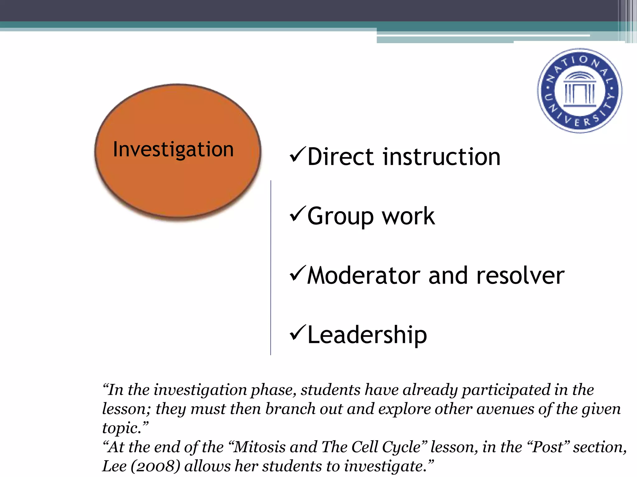 Direct instruction
Group work
Moderator and resolver
Leadership
Investigation
“In the investigation phase, students have already participated in the
lesson; they must then branch out and explore other avenues of the given
topic.”
“At the end of the “Mitosis and The Cell Cycle” lesson, in the “Post” section,
Lee (2008) allows her students to investigate.”
 