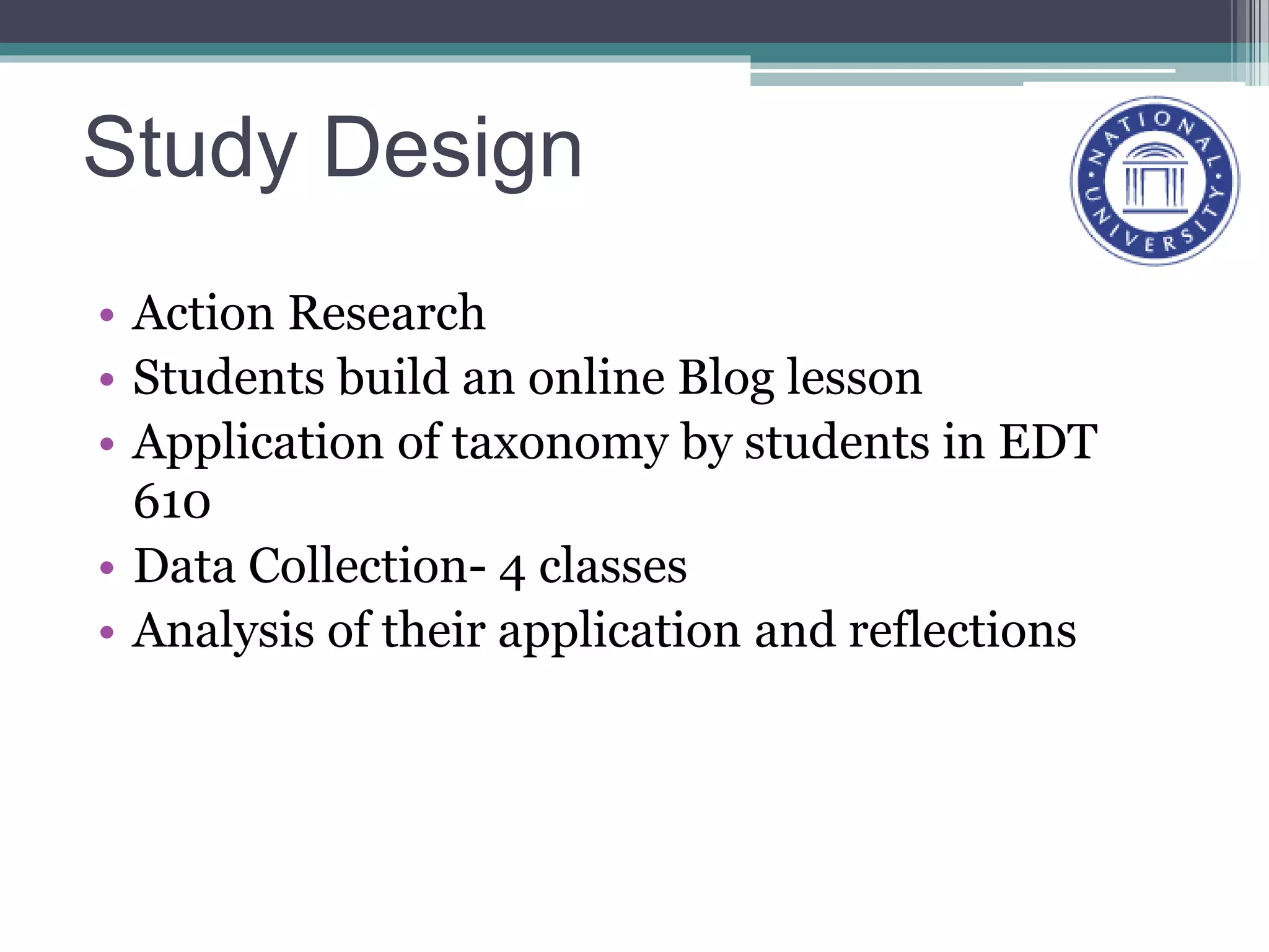 Study Design
• Action Research
• Students build an online Blog lesson
• Application of taxonomy by students in EDT
610
• Data Collection- 4 classes
• Analysis of their application and reflections
 