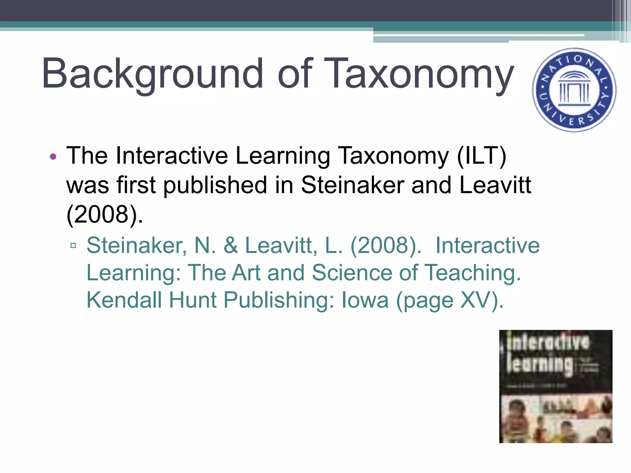 Background of Taxonomy
• The Interactive Learning Taxonomy (ILT)
was first published in Steinaker and Leavitt
(2008).
▫ Steinaker, N. & Leavitt, L. (2008). Interactive
Learning: The Art and Science of Teaching.
Kendall Hunt Publishing: Iowa (page XV).
 