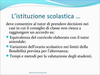 L’istituzione scolastica …
deve consentire al tutor di prendere decisioni nei
casi in cui il consiglio di classe non riesca a
raggiungere un accordo su:
Equivalenza del curricolo elaborato con il tutor
aziendale;
Variazioni dell’orario scolastico nei limiti della
flessibilità prevista per l’alternanza;
Tempi e metodi per la valutazione degli studenti.
Maria Teresa Santacroce
 