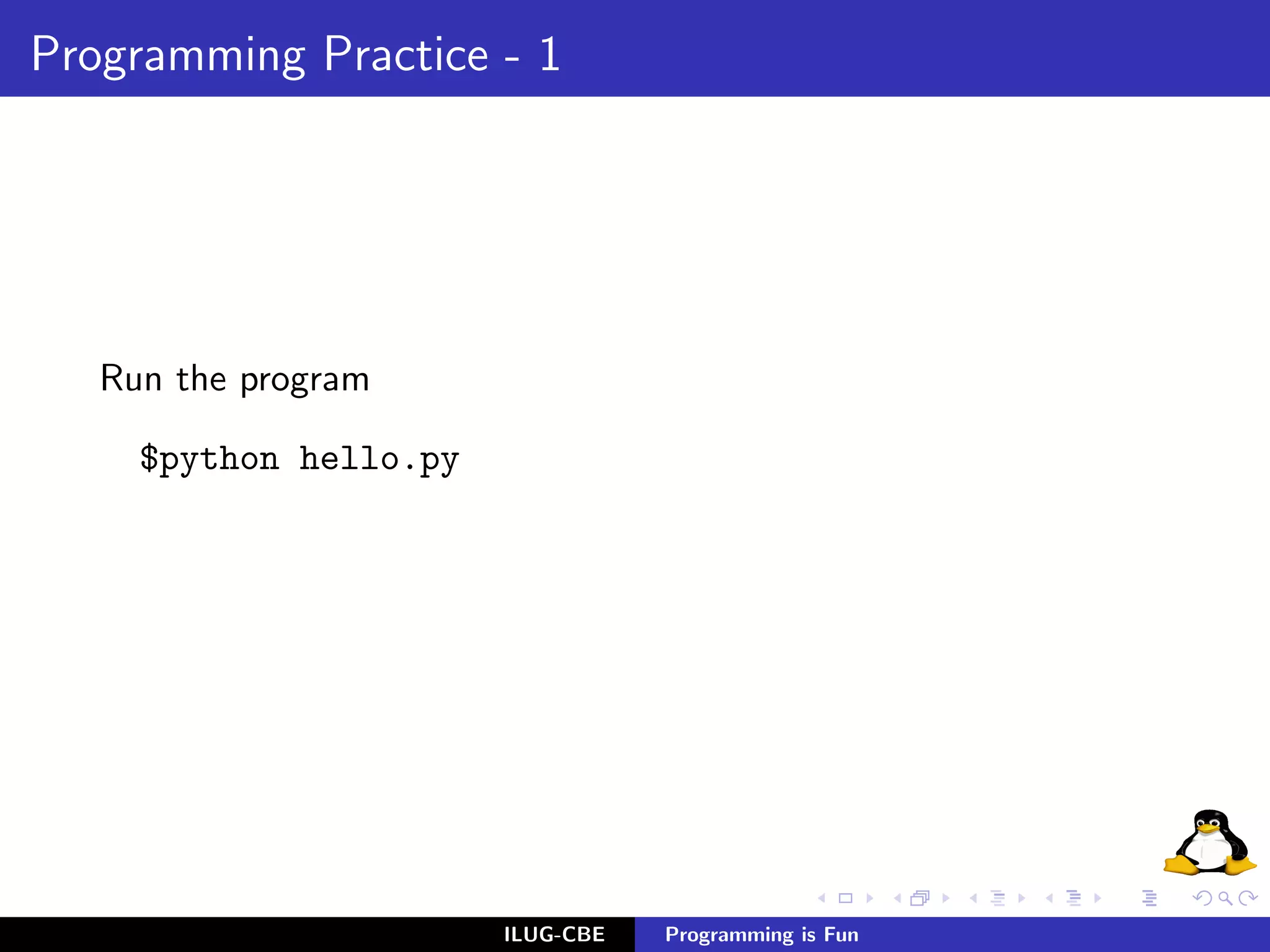 Programming Practice - 1




   Run the program

     $python hello.py




                        ILUG-CBE   Programming is Fun
 