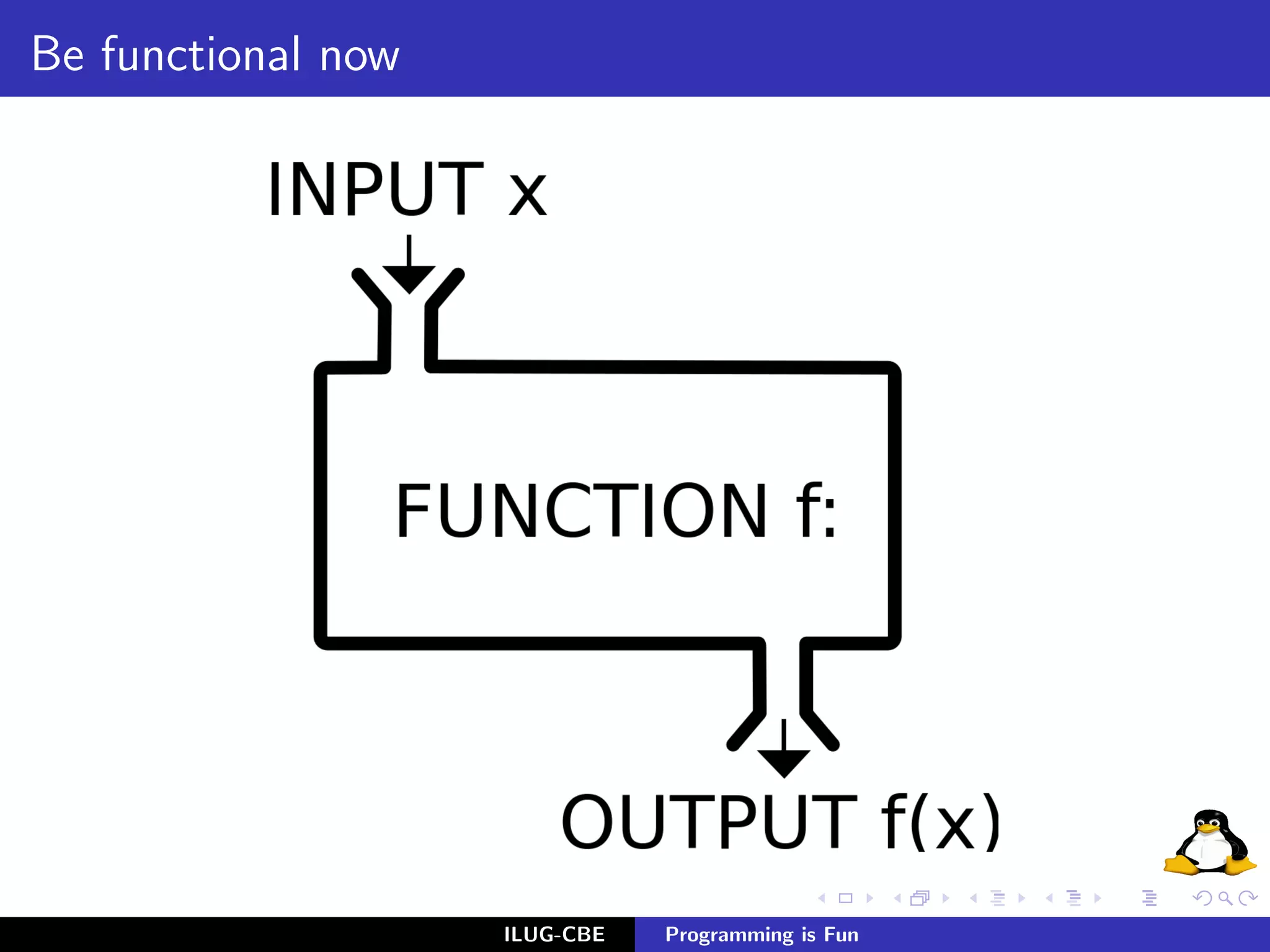 Be functional now




                    ILUG-CBE   Programming is Fun
 