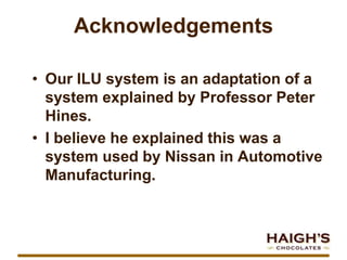AcknowledgementsOur ILU system is an adaptation of a system explained by Professor Peter Hines. I believe he explained this was a system used by Nissan in Automotive Manufacturing.