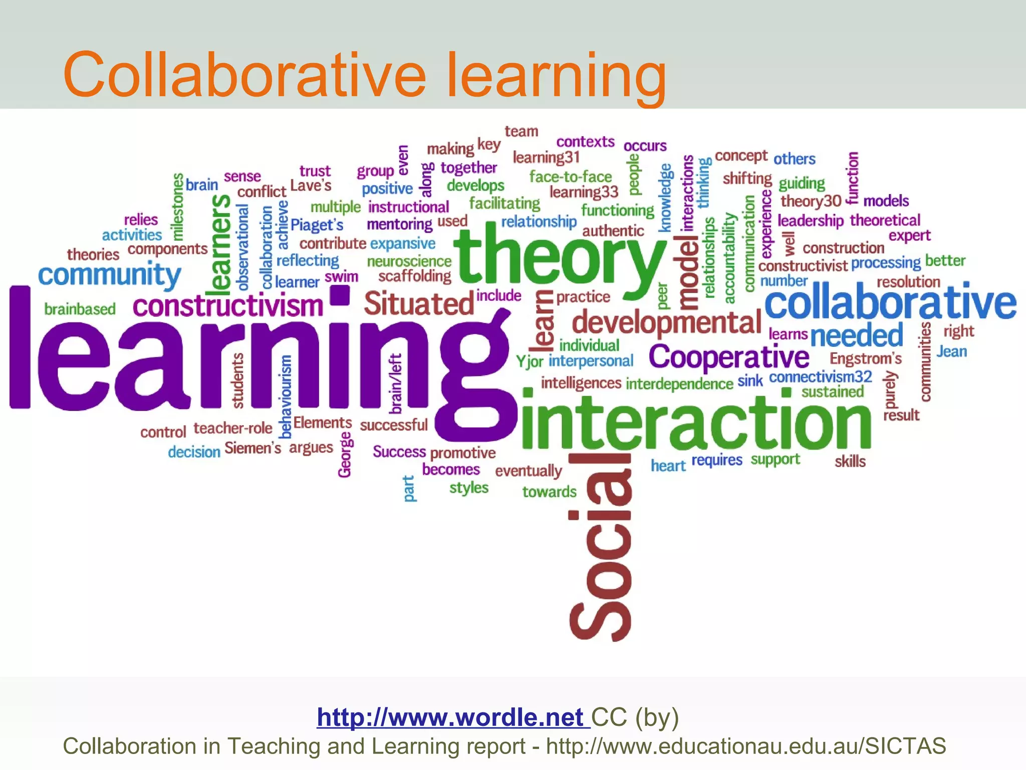 Collaborative learning http://www.wordle.net  CC (by)  Collaboration in Teaching and Learning report - http://www.educationau.edu.au/SICTAS 