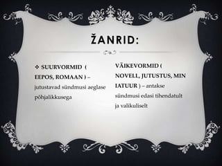 ŽANRID:

 SUURVORMID (                VÄIKEVORMID (

EEPOS, ROMAAN ) –             NOVELL, JUTUSTUS, MIN

jutustavad sündmusi aeglase   IATUUR ) – antakse

põhjalikkusega                sündmusi edasi tihendatult
                              ja valikuliselt
 