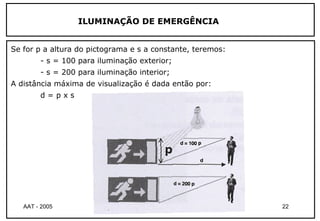 ILUMINAÇÃO DE EMERGÊNCIA


Se for p a altura do pictograma e s a constante, teremos:
        - s = 100 para iluminação exterior;
        - s = 200 para iluminação interior;
A distância máxima de visualização é dada então por:
        d=pxs




   AAT - 2005                 Té cnicas de Iluminaç ão      22
 