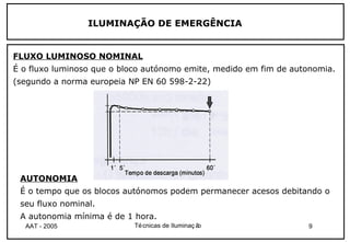 ILUMINAÇÃO DE EMERGÊNCIA


FLUXO LUMINOSO NOMINAL
É o fluxo luminoso que o bloco autónomo emite, medido em fim de autonomia.
(segundo a norma europeia NP EN 60 598-2-22)




 AUTONOMIA
 É o tempo que os blocos autónomos podem permanecer acesos debitando o
 seu fluxo nominal.
 A autonomia mínima é de 1 hora.
  AAT - 2005               Té cnicas de Iluminaç ão                9
 