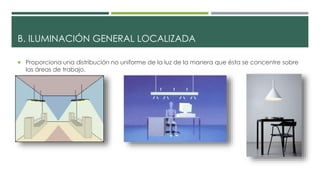 B. ILUMINACIÓN GENERAL LOCALIZADA
 Proporciona una distribución no uniforme de la luz de la manera que ésta se concentre sobre
las áreas de trabajo.
 