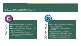 B. ILUMINACIÓN INDIRECTA
Ventajas
•Iluminación suave y uniforme
•Reduce sombras duras
•Minimiza reflejos en pantallas de
computadores.
•Efectiva para bibliotecas.
•Hace que los espacios se vean
más amplios.
Desventajas
•Los objetos tridimensionales se
ven más planos.
•Costo inicial > Iluminación
directa
•Los cielorrasos y paredes
deberán ser de colores claros.
•Las luminarias deberán ser
limpiadas con frecuencia.
 