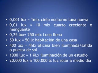 • 0,001 lux = 1mlx cielo nocturno luna nueva
• 0,01 lux = 10 mlx cuarto creciente o
  menguante
• 0,25 lux= 250 mlx Luna llena
• 50 lux = 50 lx habitación de una casa
• 400 lux = 4hlx oficina bien iluminada/salida
  o puesta de sol
• 1000 lux = 1 KLx iluminación de un estudio
• 20.000 lux a 100.000 lx luz solar a medio día
 