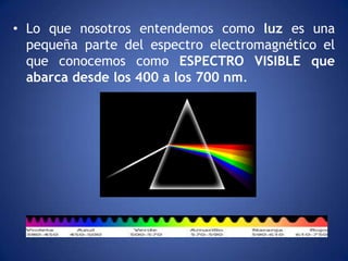 • Lo que nosotros entendemos como luz es una
  pequeña parte del espectro electromagnético el
  que conocemos como ESPECTRO VISIBLE que
  abarca desde los 400 a los 700 nm.
 