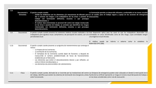 5.8.
Documental o
Entrevista
El patrón cumple cuando:
 Exhibe las evidencias con los elementos y/o mecanismos de difusión para
dar a conocer los riesgos a los trabajadores de las áreas o puestos de
trabajo con iluminación deficiente, excesiva o que provoque
deslumbramiento, o
 Al realizar la(s) entrevista(s) al personal del centro de trabajo involucrado
en las áreas o puestos de trabajo, se constata que identifican los riesgos
relacionados con iluminación deficiente, excesiva o que provoque
deslumbramiento.
La iluminación permite un desarrollo eficiente y confortable en las tareas visuales
es un auxilio para el trabajo seguro y apoya en las acciones de emergencia
(evacuación).
5.9. Documental El patrón cumple cuando presenta los exámenes médicos visuales realizados a los
trabajadores para agudeza visual, campimetría y de percepción de colores, con una
periodicidad anual.
Esta disposición aplica para los casos en que los trabajadores desarrollen sus
actividades en zonas identificadas como de alto riesgo, cuyas actividades tengan
una exigencia visual elevada.
El médico puede ser interno o externo como lo establece la
NOM-030-STPS-2006.
5.10. Documental El patrón cumple cuando presenta un programa de mantenimiento que contenga al
menos:
 La limpieza de las luminarias;
 La ventilación de las luminarias;
 El reemplazo de las luminarias cuando dejen de funcionar, o después de
transcurrido el número predeterminado de horas de funcionamiento
establecido por el fabricante;
 Los elementos que eviten el deslumbramiento directo y por reflexión, así
como el efecto estroboscópico, y
 Los elementos de preencendido o de calentamiento.
5.11. Física El patrón cumple cuando, derivado de un recorrido por las instalaciones del centro
de trabajo, identifica que existen los sistemas de iluminación de emergencia y éstos
están funcionando.
Las lámparas de emergencia pueden estar colocadas en donde la interrupción de la
fuente de luz artificial represente un riesgo en la tarea visual del puesto de trabajo o
en las áreas consideradas como ruta de evacuación.
 