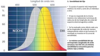 1.- Sensibilidad del Ojo
• Es quizás el aspecto más importante
relativo a la visión y varía de un individuo
a otro.
• El ojo no responde de la misma
manera a las radiaciones luminosas de
cada una de las longitudes de onda del
espectro electromagnético visible.
• Se ha evaluado como afecta cada una
de las longitudes de onda de manera
independiente sobre el ojo humano. El
resultado se muestra en la curva de
sensibilidad.
• La máxima sensibilidad del ojo
corresponde a longitudes de onda
cercanas a los 555 nm y la mínima
sensibilidad se encuentra para los
colores rojo y violeta.
 