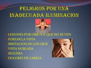 LESIONES POR OBJETOS QUE NO SE VEN
FORZAR LA VISTA
IRRITACION DE LOS OJOS
VISTA NUBLADA
SEGUERA
DOLORES DE CABEZA
 