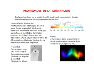 PROPIEDADES DE LA ILUMINACIÓN
Cualquier fuente de luz se puede describir según cuatro propiedades únicas e
independientemente de sus propiedades respectivas:
• Intensidad La Iluminación
Puede variar desde intensa (luz del sol) a
tenue (luz de una cerilla). Medimos la
intensidad en unidades llamadas bujías pie,
que definen la cantidad de Iluminación
generada por la llama de una vela a la
distancia de un pie. En general, hablamos de
diferentes intensidades de Iluminación en
términos cuantificados de puntos.
• Color
La Iluminación tiene un equilibrio de
color o tendencia que depende de la
fuente (luz día, tungsteno, etc.).
• Cualidad
Se menciona como
una cualidad de la
Iluminación su dureza
(Iluminación dirigida)
o suavidad
(Iluminación difusa).
 