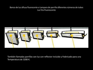 Banco de luz difusa fluorecente o Lampara de parrilla diferentes números de tubos
Luz fría Fluorescente
También llamadas parrillas con luz con reflector incluido y frabricado para una
Temperatura de 3200 K.
 